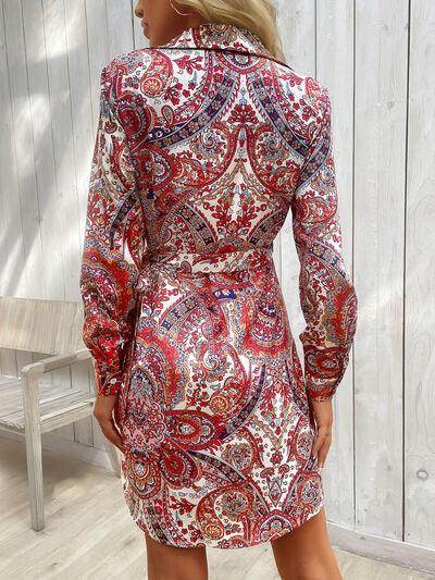Perfee Tied Printed Long Sleeve Mini Dress for Women - Selvanelle