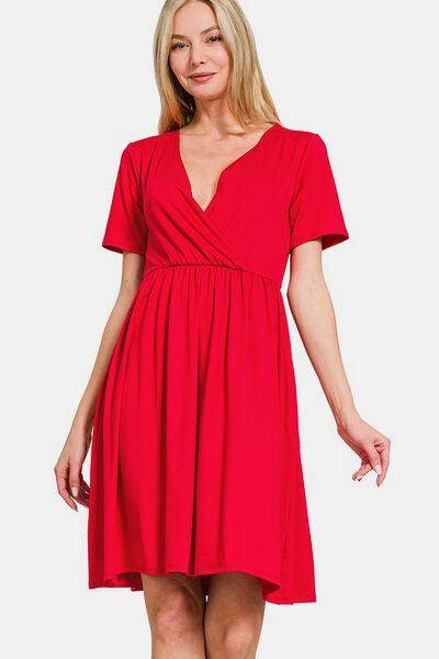 Zenana Surplice Short Sleeve Brushed DTY Dress for Women - Selvanelle