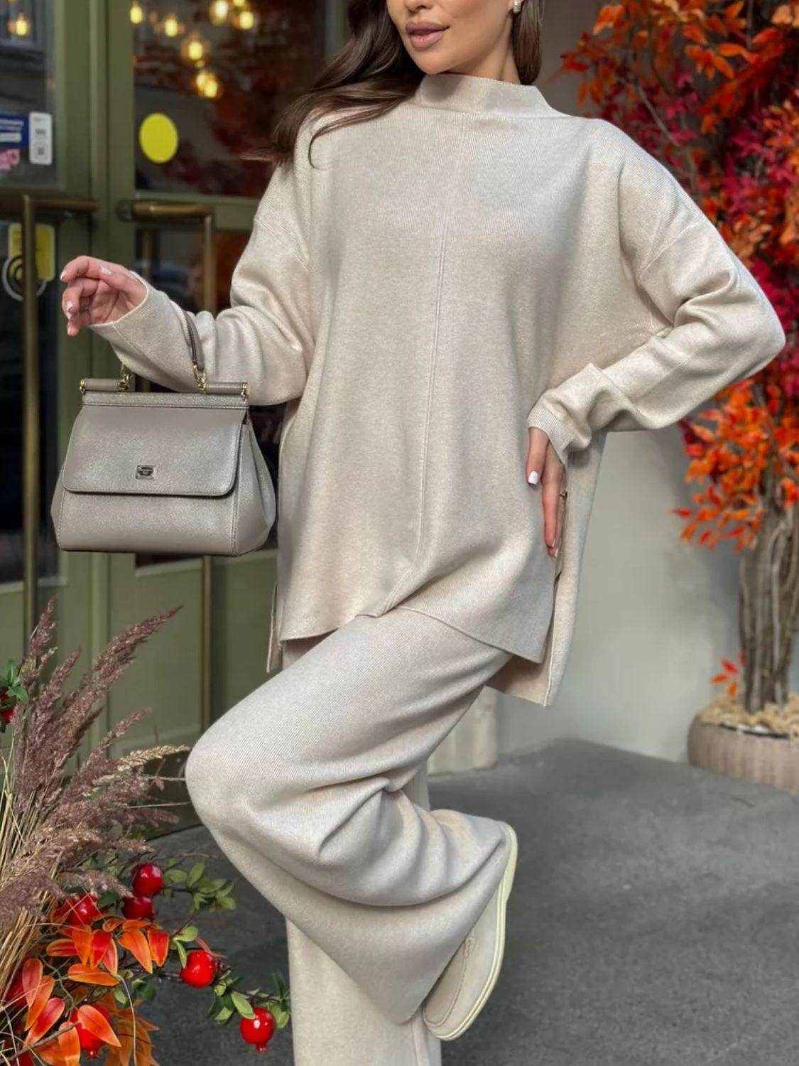 Slit Mock Neck Top and Pants Sweater Set for Women - Selvanelle