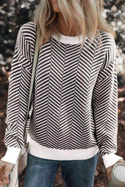 Striped Round Neck Long Sleeve Sweater for Women Fashion - Selvanelle