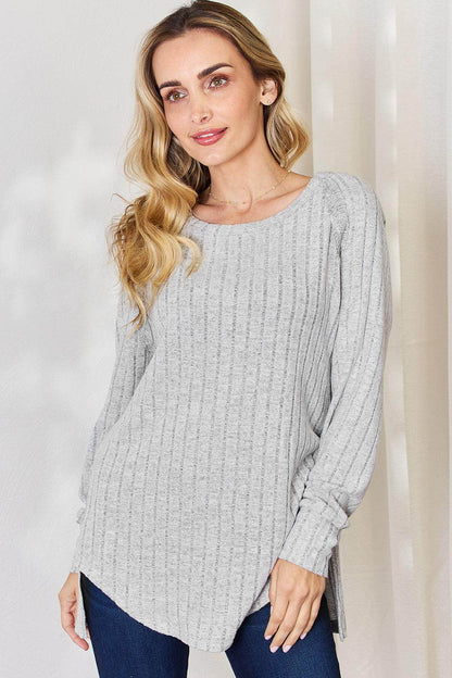 Basic Bae Full Size Ribbed Round Neck Slit T-Shirt for Women - Selvanelle