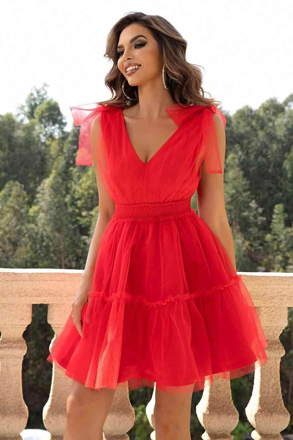 V-Neck Shoulder Detail Mesh Dress for Stylish Women - Selvanelle