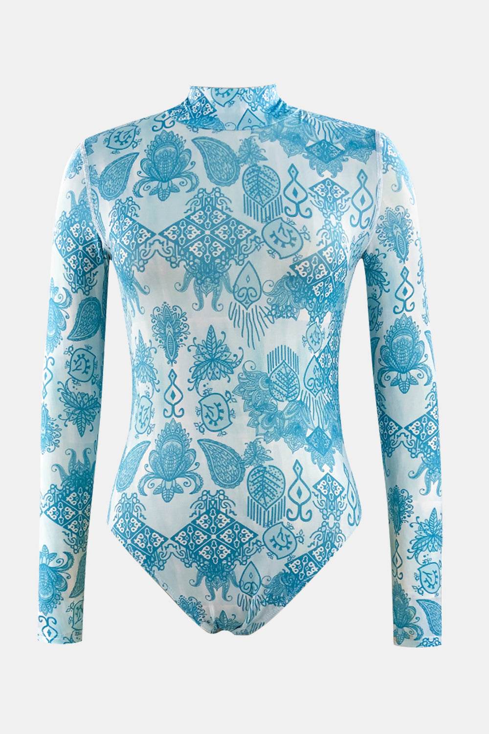 Printed Mock Neck Long Sleeve One-Piece Swimwear - Selvanelle