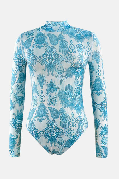 Printed Mock Neck Long Sleeve One-Piece Swimwear - Selvanelle