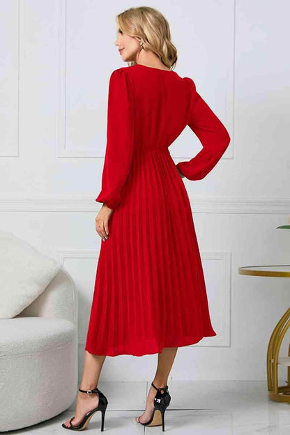 V-Neck Long Sleeve Tie Waist Midi Dress for Women - Selvanelle