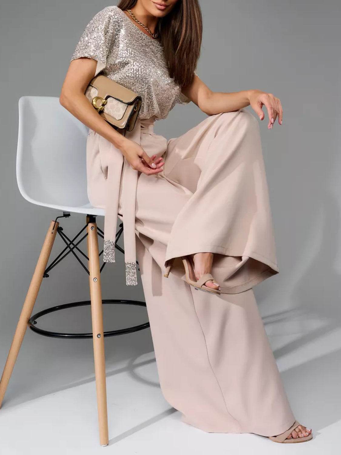 Full Size Sequin Round Neck Short Sleeve Wide Leg Jumpsuit - Selvanelle