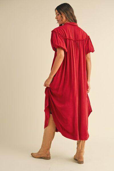 Annie Wear Mineral Washed Button Down Puff Sleeve Shirt Dress - Selvanelle