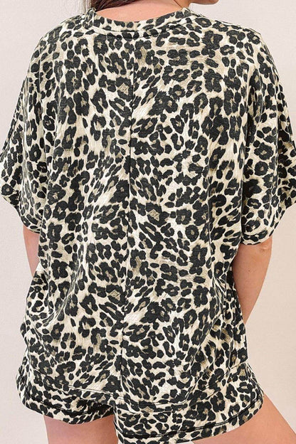 Leopard Round Neck Top and Shorts Set for Women Fashion - Selvanelle