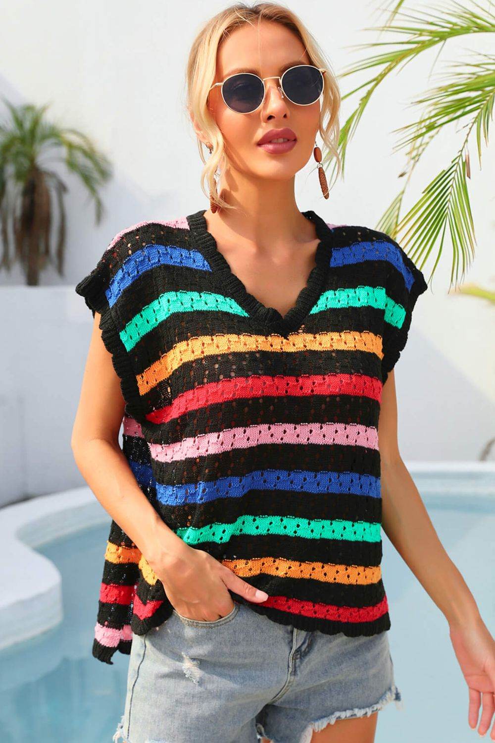 Angel Wings Striped V-Neck Slit Cover Up - Selvanelle
