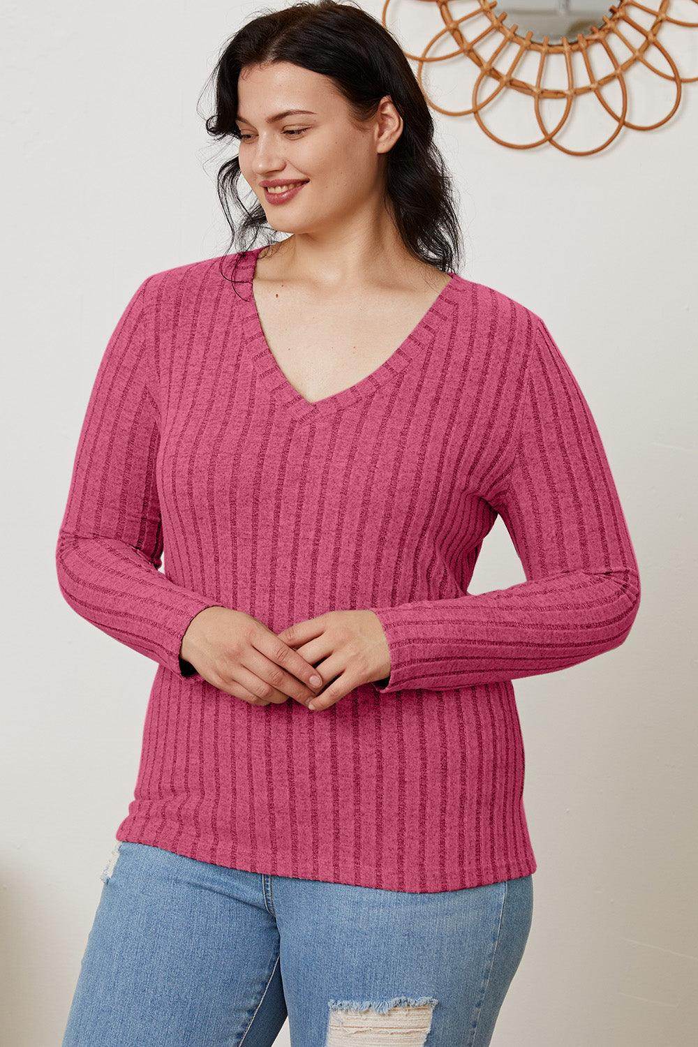 Basic Bae Full Size Ribbed V-Neck Long Sleeve T-Shirt - Selvanelle
