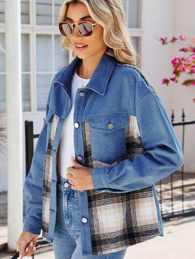 Plaid Button Up Long Sleeve Denim Jacket for Women - Selvanelle