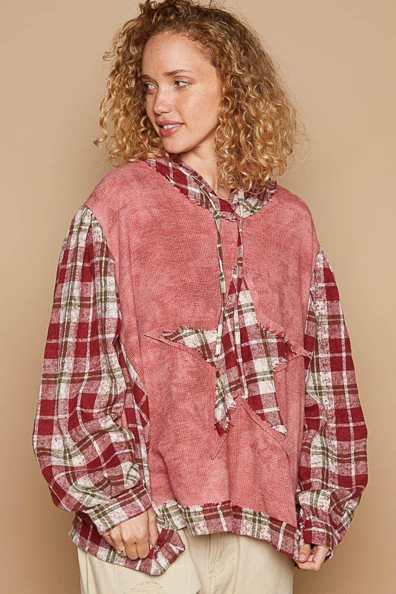 POL Star Patch Plaid Long Sleeve Hooded Top for Women - Selvanelle