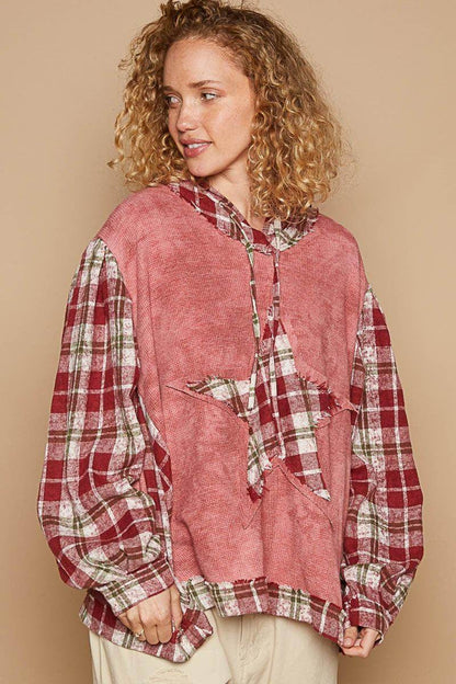 POL Star Patch Plaid Long Sleeve Hooded Top for Women - Selvanelle