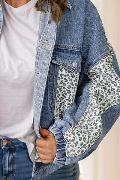 Plus Size Leopard Long Sleeve Denim Jacket for Women - Selvanelle