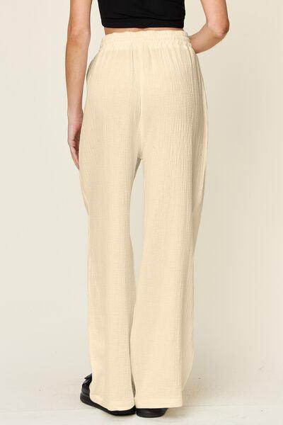 Double Take Full Size Texture Drawstring Wide Leg Pants - Selvanelle