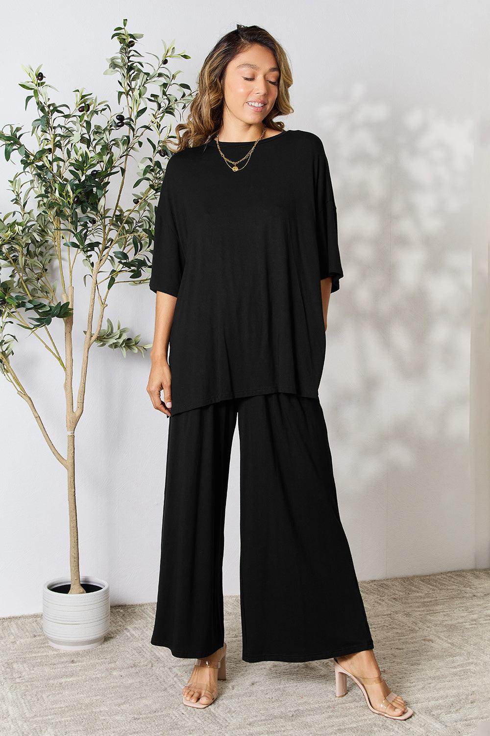 Double Take Full Size Round Neck Slit Top and Pants Set - Selvanelle