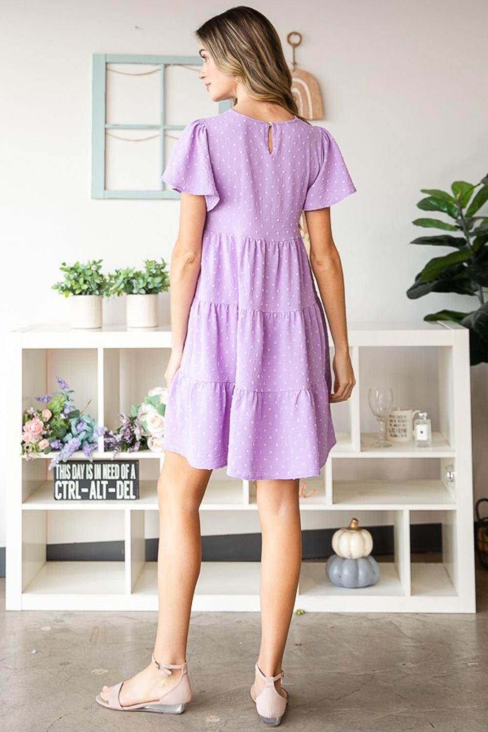 Heimish Full Size Swiss Dot Short Sleeve Tiered Dress - Selvanelle