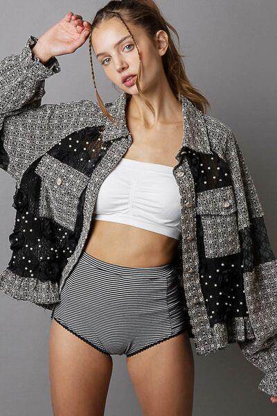 POL Eyelet Flower Pearl Detail Lace Patchwork Shirt For Women - Selvanelle