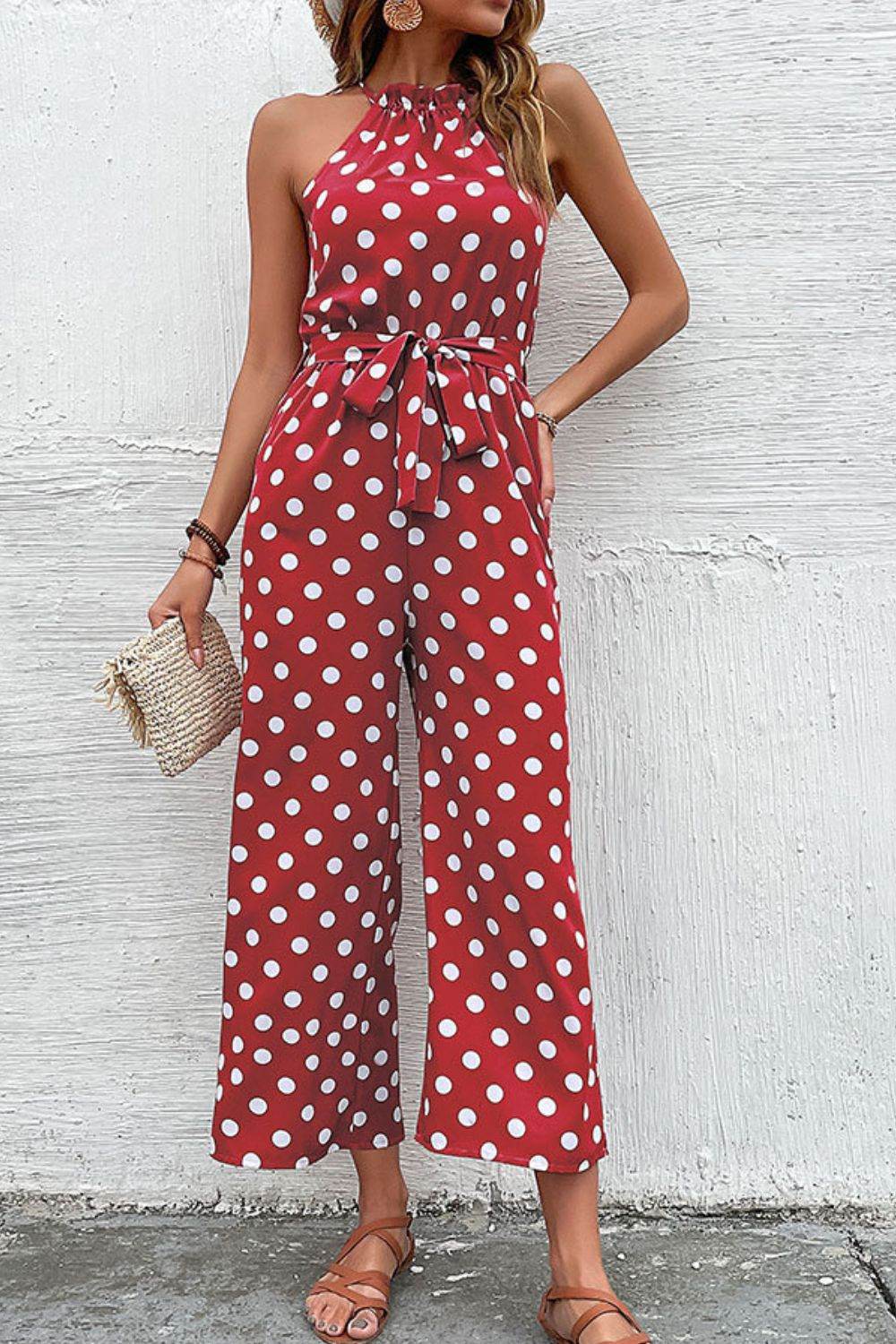 Perfee Polka Dot Grecian Wide Leg Jumpsuit - Selvanelle