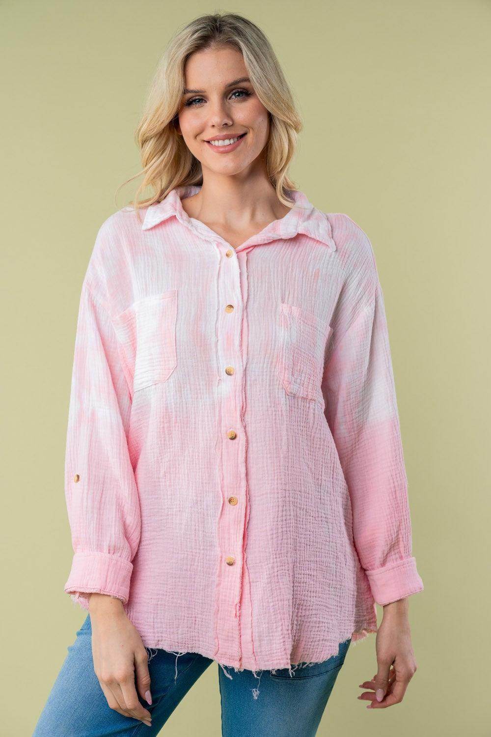 White Birch Full Size Long Sleeve Tie Dye Shirt for Women - Selvanelle
