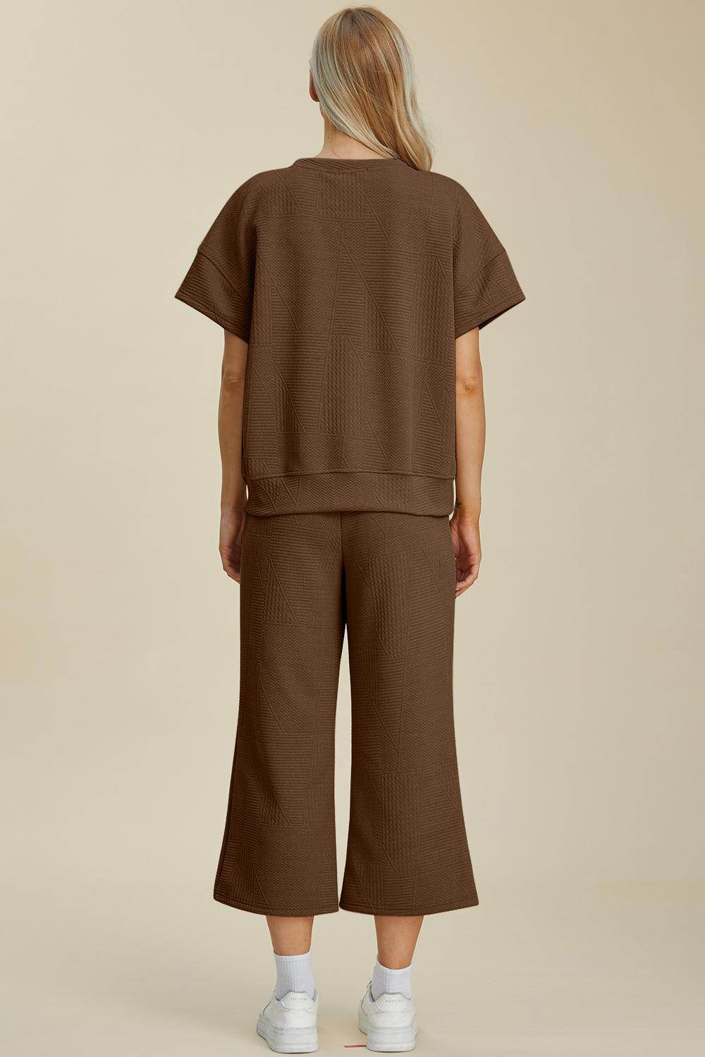 Double Take Full Size Texture Round Neck Top and Pants Set - Selvanelle