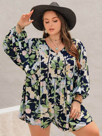 Plus Size Tied Printed Long Sleeve Romper - Selvanelle
