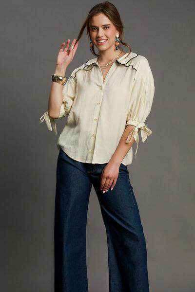 Umgee Full Size Embroidered Detail Button Down Shirt Plus Size - Selvanelle