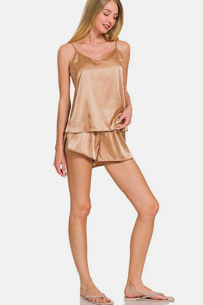 Zenana V-Neck Satin Cami and Elastic Waist Shorts Set - Selvanelle