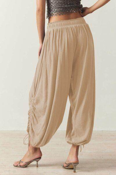 Drawstring Ruched Pants for Women in Sheer Opaque Style - Selvanelle