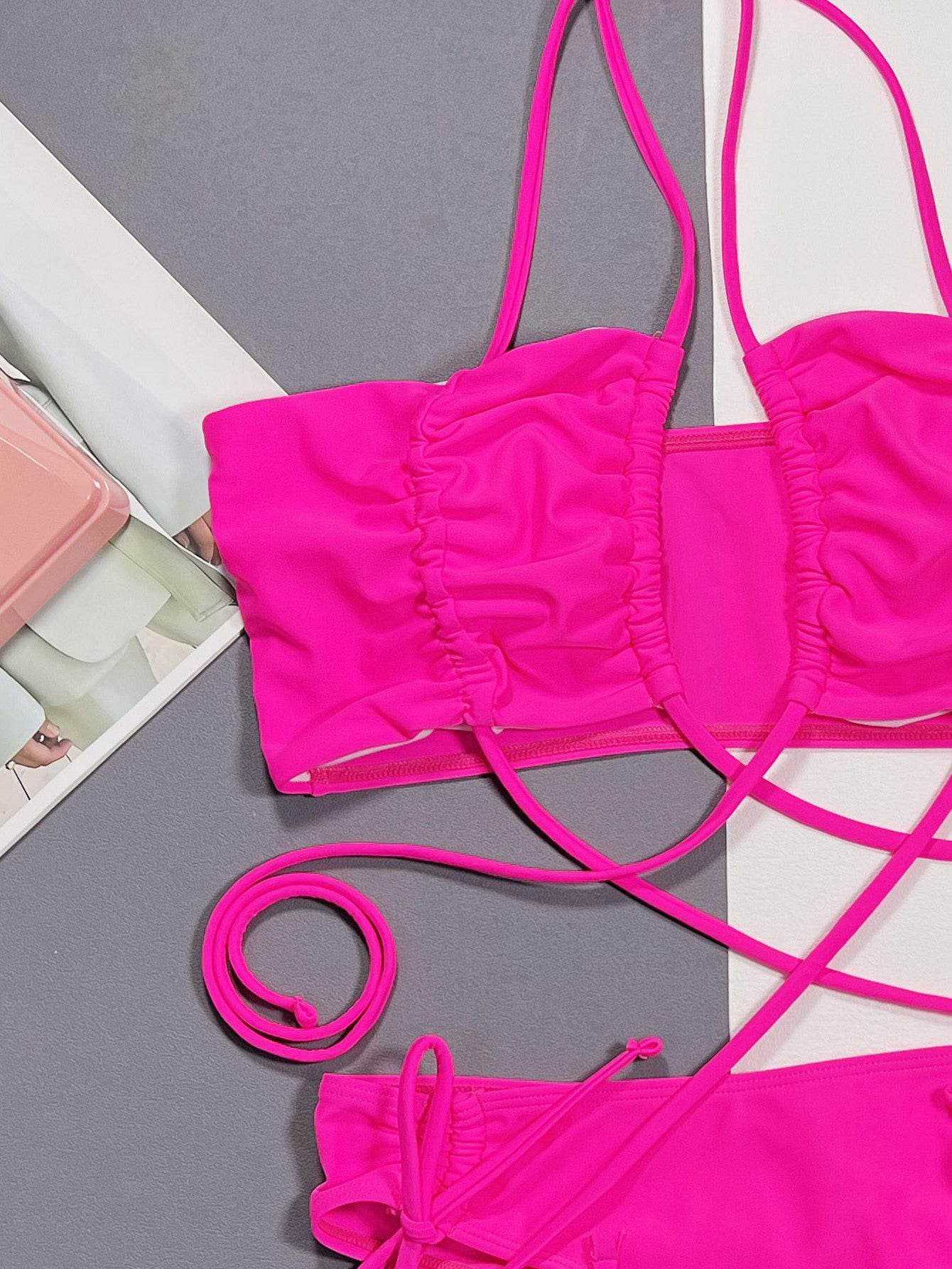 Halter Neck Drawstring Detail Bikini Set - Selvanelle