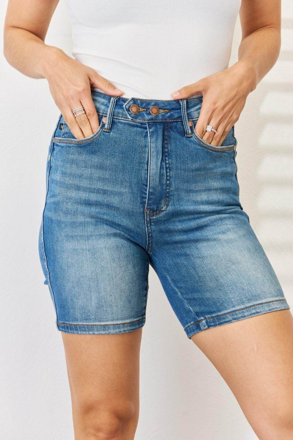 Judy Blue Full Size Tummy Control Double Button Bermuda Shorts - Selvanelle
