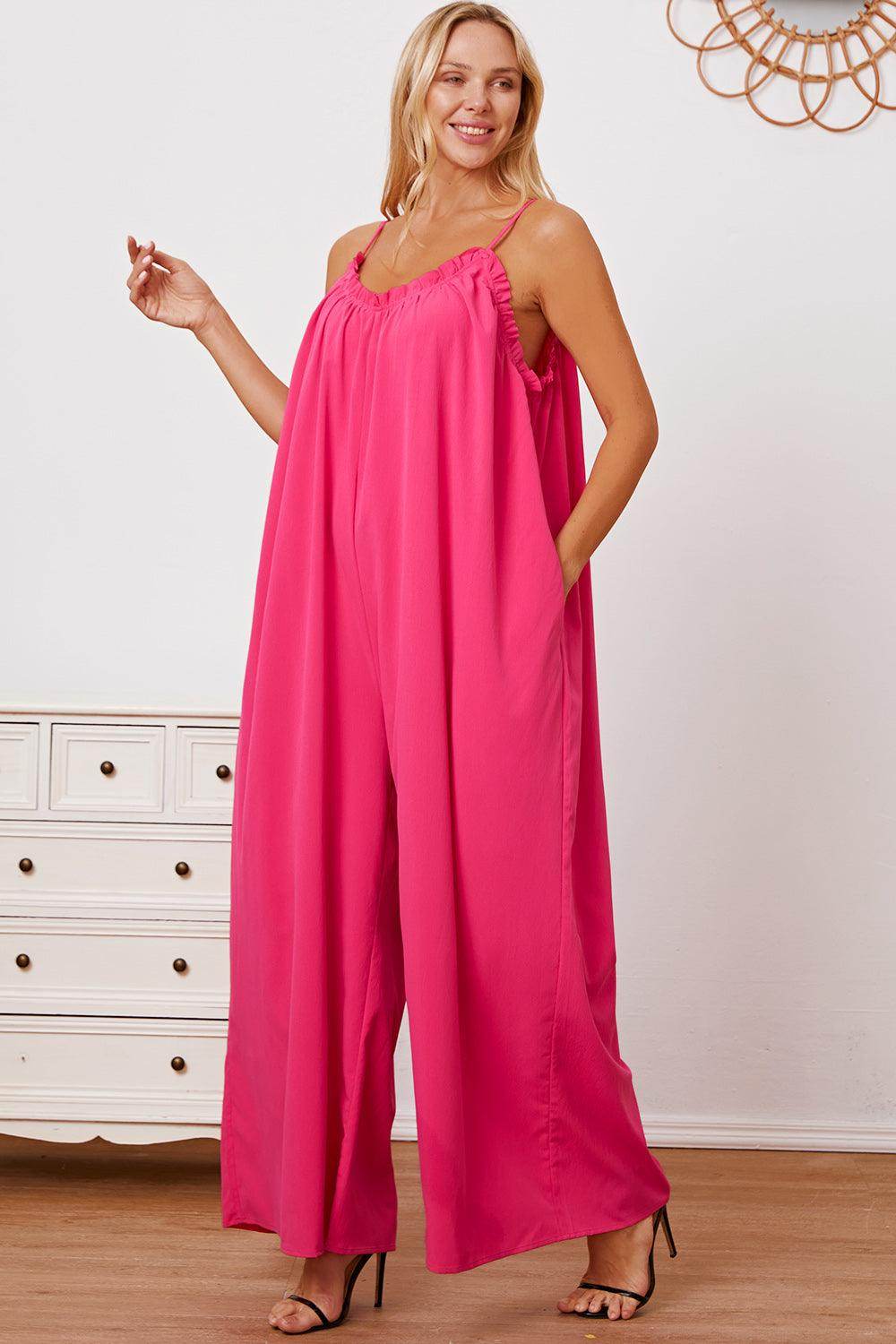 Double Take Full Size Ruffle Trim Tie Back Cami Jumpsuit - Selvanelle