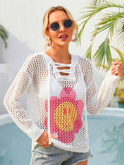 Angel Wings Flower Graphic Lace-Up Openwork Hooded Cover Up - Selvanelle