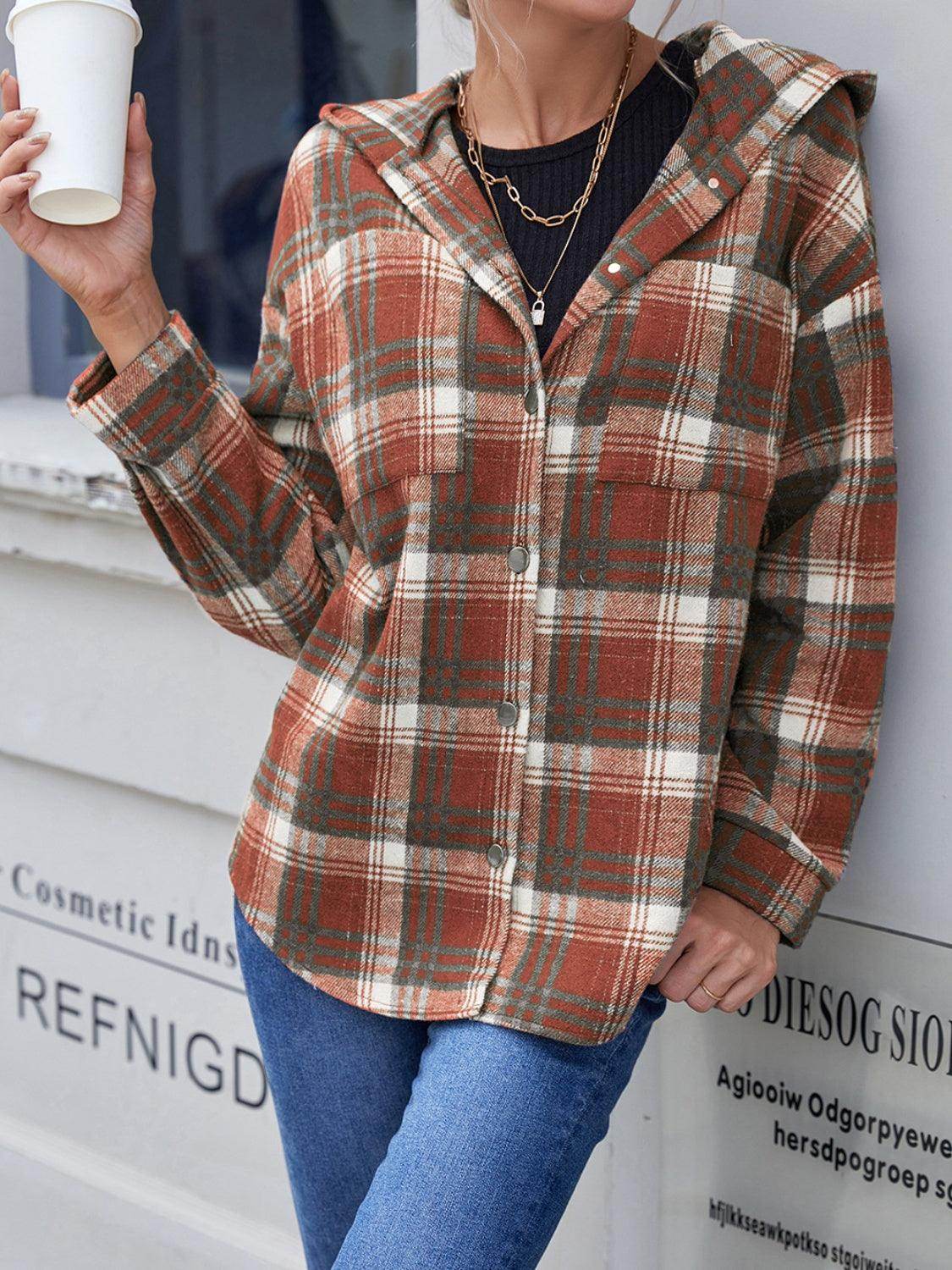 Ivy Lane Plaid Button Up Long Sleeve Hooded Jacket for Women - Selvanelle