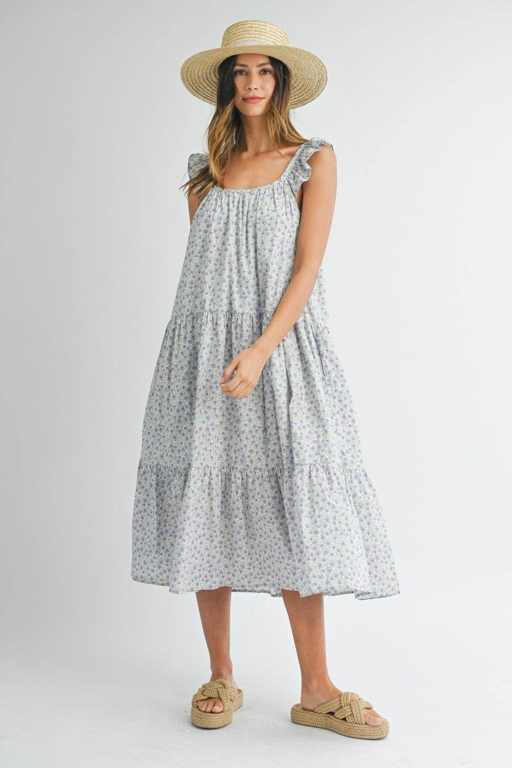 MABLE Floral Ruffle Shoulder Tiered Midi Dress for Women - Selvanelle