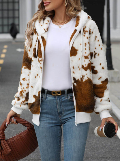 Fuzzy Drawstring Zip Up Hooded Jacket for Cozy Style - Selvanelle