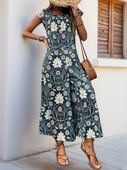 Perfee Printed Round Neck Cap Sleeve Wide Leg Jumpsuit - Selvanelle