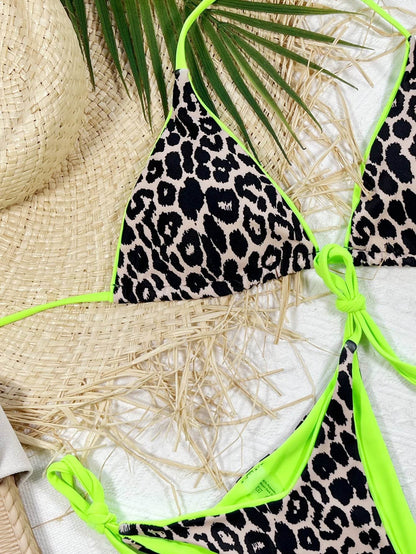 Leopard Print Halter Neck Tie Side Bikini Set - Selvanelle