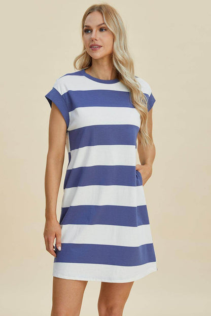 Basic Bae Full Size Striped Round Neck Cap Sleeve Mini Dress - Selvanelle