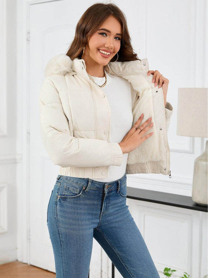 Pocketed Long Sleeve Cropped Hooded Winter Coat for Women - Selvanelle