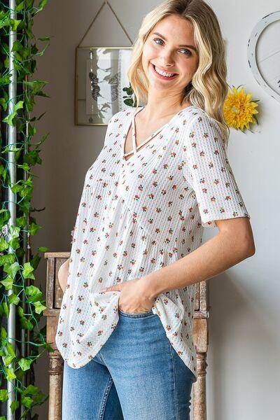 Heimish Full Size Crisscross Ditsy Floral Babydoll Top Plus Size - Selvanelle