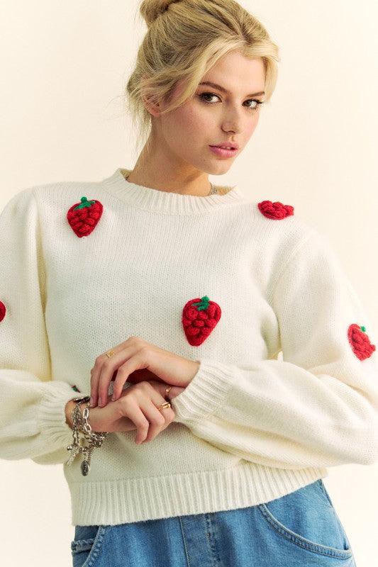 Davi & Dani Crochet Strawberry Round Neck Sweater for Women