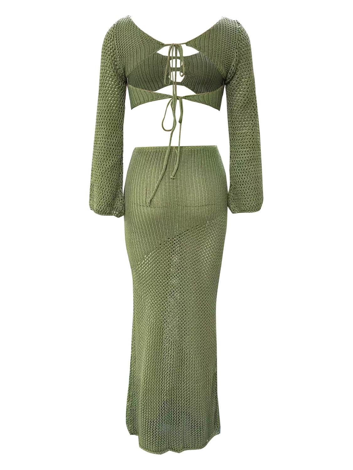 Tied Long Sleeve Top and Skirt Cover Up Set - Selvanelle