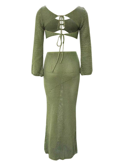 Tied Long Sleeve Top and Skirt Cover Up Set - Selvanelle