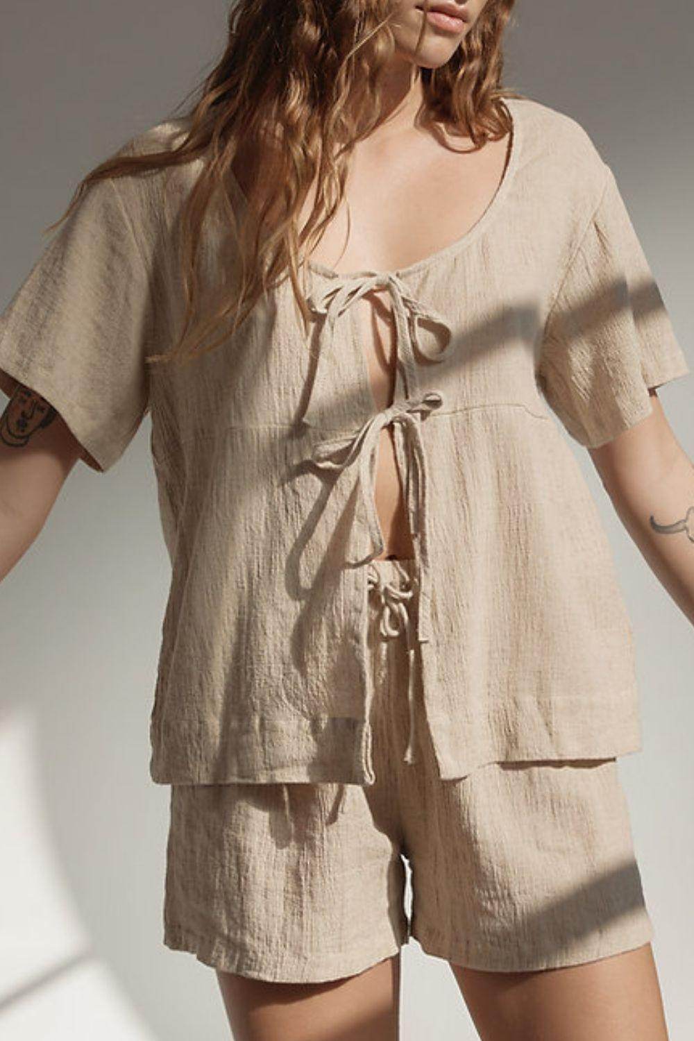 Plaid Tied Scoop Neck Short Sleeve Top and Drawstring Shorts Set - Selvanelle