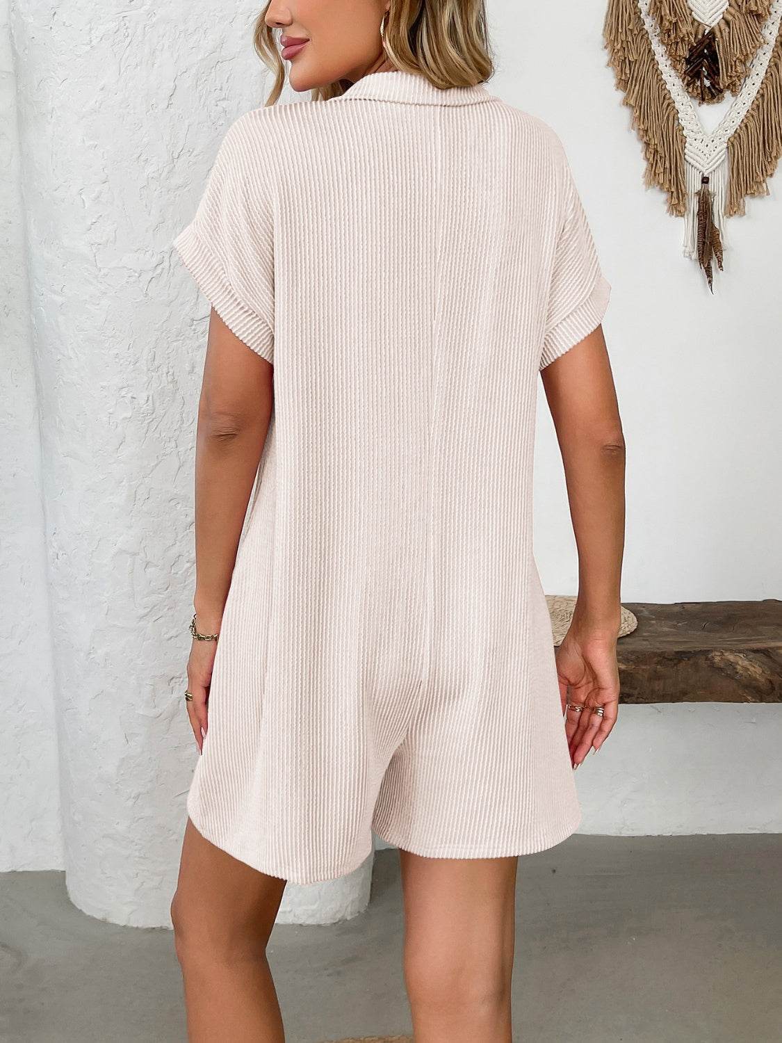 Button Detail Collared Neck Short Sleeve Romper - Selvanelle