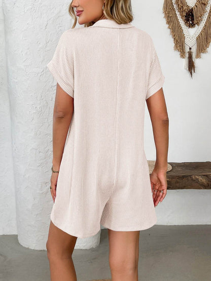 Button Detail Collared Neck Short Sleeve Romper - Selvanelle