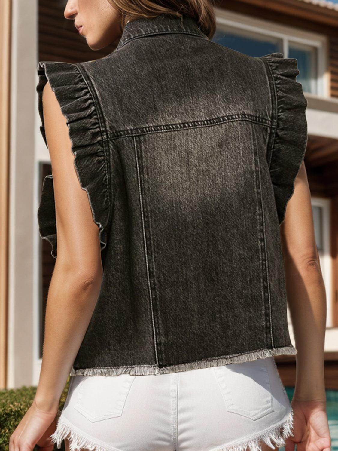 Raw Hem Ruffled Cap Sleeve Denim Jacket for Women - Selvanelle