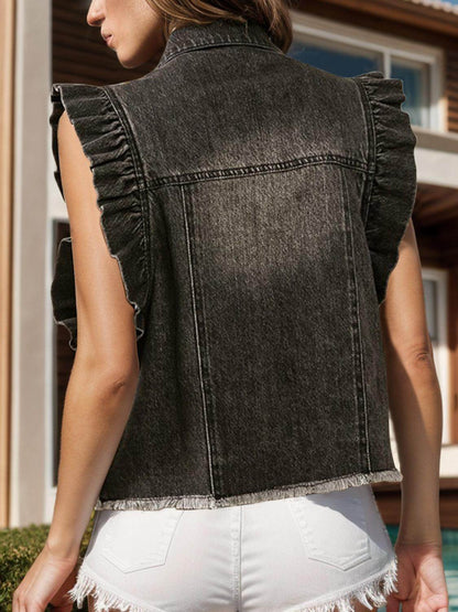 Raw Hem Ruffled Cap Sleeve Denim Jacket for Women - Selvanelle