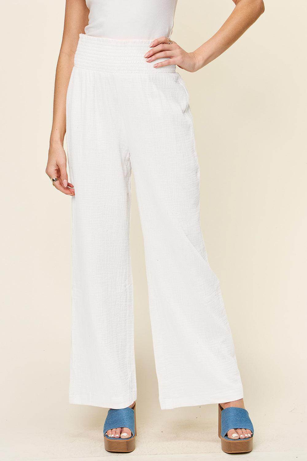 Double Take Full Size Texture Smocked Waist Wide Leg Pants For Women - Selvanelle